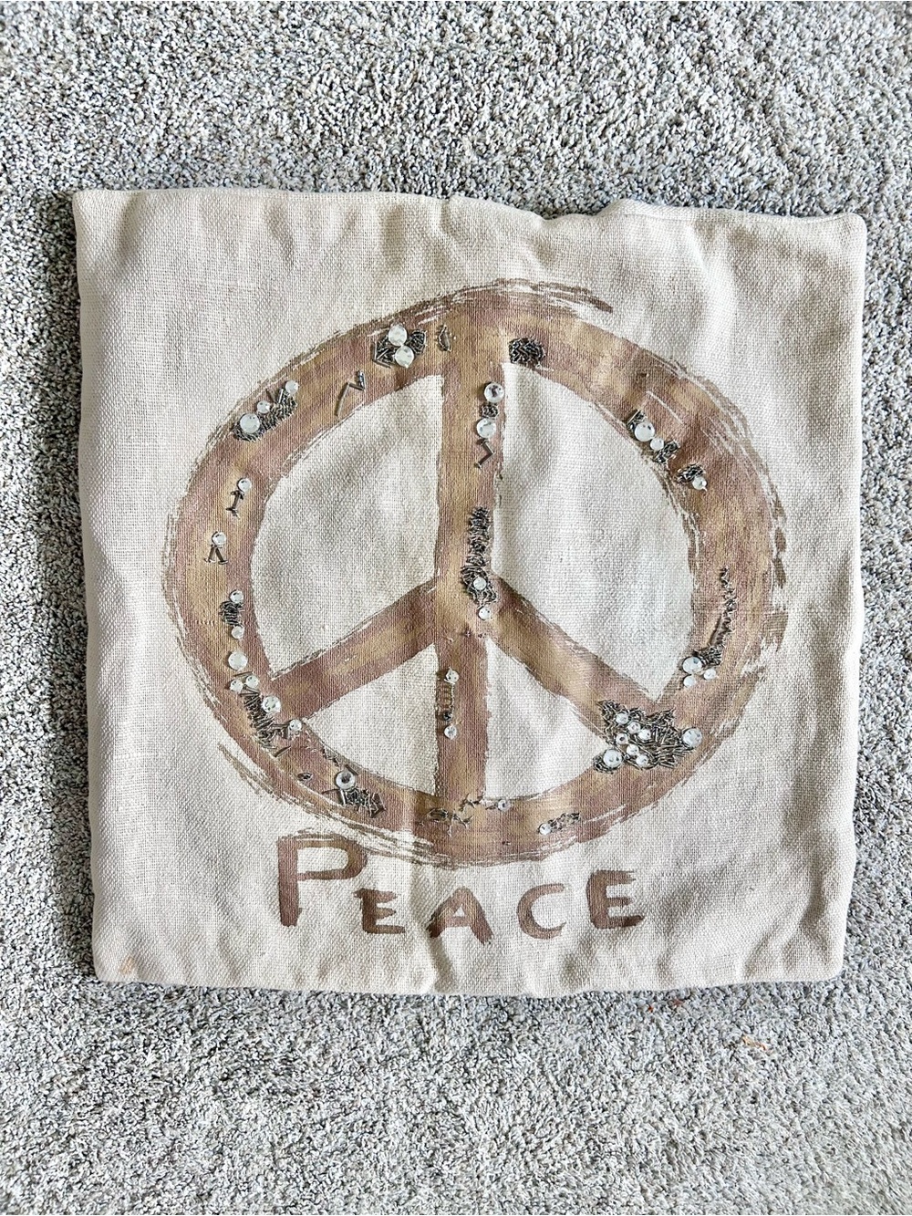 Pottery Barn Peace Sequin Beaded Pillow Cover 20 x 20 Cream Cotton Linen